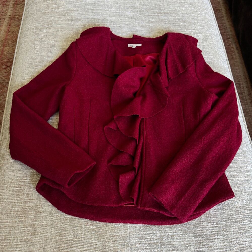 Boston Proper Women's Wool Blend Red Ruffle Jacket Hook&Eye Closure Sz 14